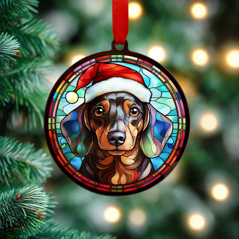 Dachshund Dapple in Santa Hat Suncatcher Decoration